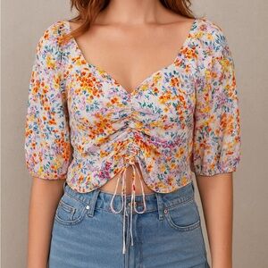 H&M Vibrant Floral Draped Scrunched-Front Crop Women's Blouse